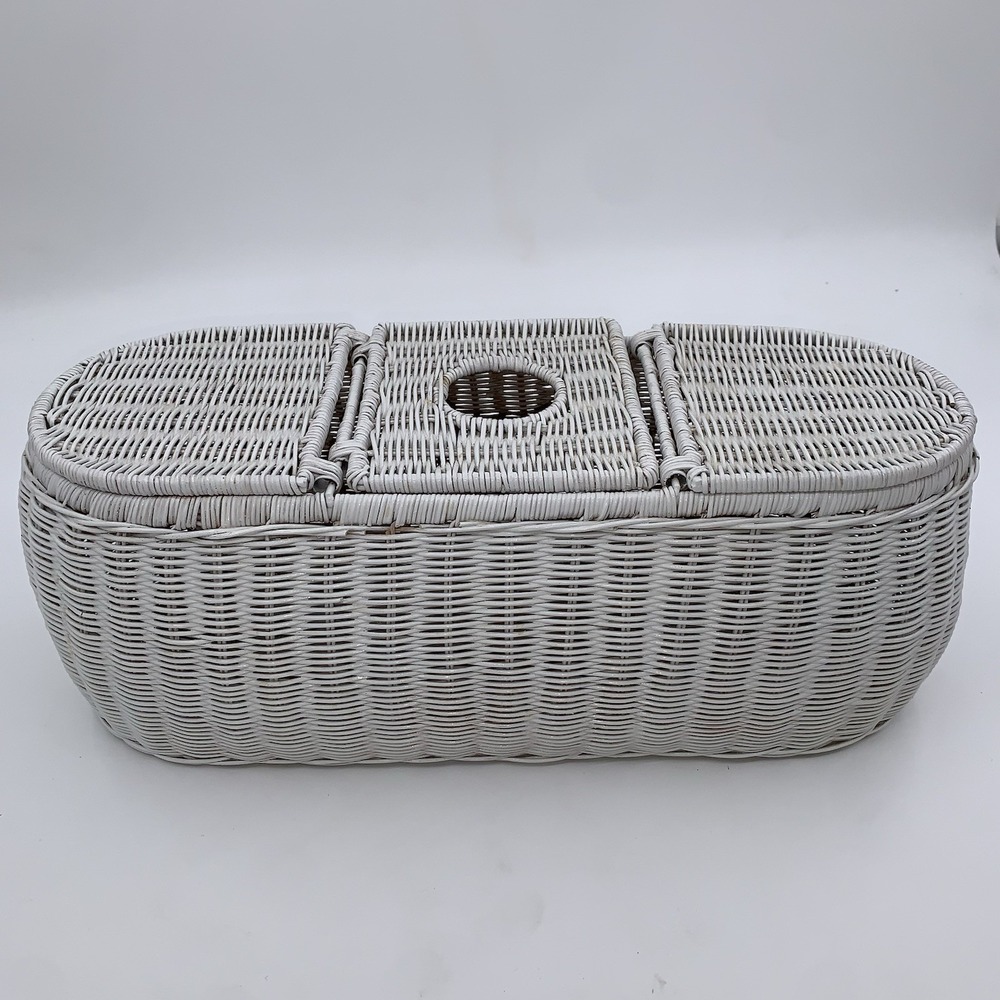 Vintage Handwoven Rattan Wicker 3 Part Tissue Basket White Storage Multipurpose